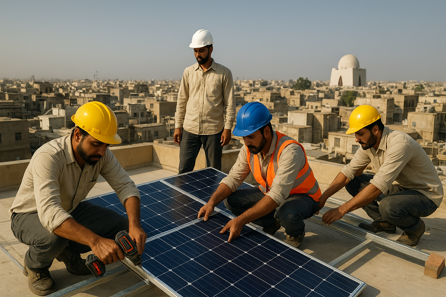 “Aerial view of Karachi city with bright sunlight and multiple rooftops equipped with modern solar panels, representing top solar energy companies and installation services in Karachi, Pakistan.”