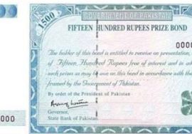 Pakistani 1500 rupees prize bond note showing denomination, serial number space, and official State Bank of Pakistan signatures.