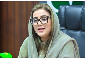 A woman speaking at a press conference, wearing a light-colored headscarf and glasses, seated at an official desk.
