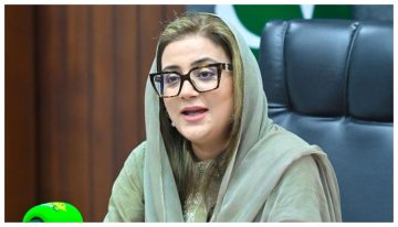 A woman speaking at a press conference, wearing a light-colored headscarf and glasses, seated at an official desk.
