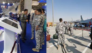 Indian Air Force personnel interacting with Pakistan Air Force officers at the Dubai Airshow, observing Pakistani aircraft and defense technology displays.