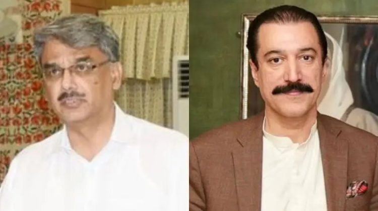 Side-by-side portraits of former AJK Prime Minister Chaudhry Anwar-ul-Haq (left) and newly elected AJK Prime Minister Raja Faisal Mumtaz Rathore (right).