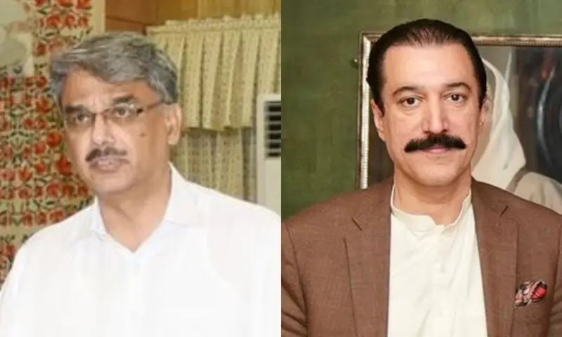 Side-by-side portraits of former AJK Prime Minister Chaudhry Anwar-ul-Haq (left) and newly elected AJK Prime Minister Raja Faisal Mumtaz Rathore (right).