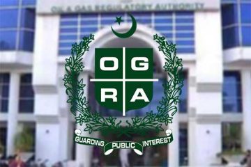The OGRA (Oil and Gas Regulatory Authority) logo displayed prominently in front of a blurred building, symbolizing gas pricing and regulatory affairs in Pakistan.