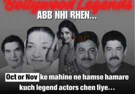 “Tribute poster for Bollywood legends who passed away in October and November — featuring black-and-white portraits with the title ‘Bollywood Legends Ab Nhi Rhen’ by RabtaKraft.”