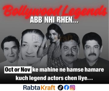 “Tribute poster for Bollywood legends who passed away in October and November — featuring black-and-white portraits with the title ‘Bollywood Legends Ab Nhi Rhen’ by RabtaKraft.”