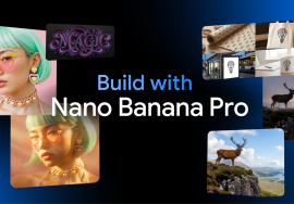 "Promotional banner showcasing Google’s Nano Banana Pro AI image generation tool, featuring multiple example images including a woman with mint-green hair and heart-shaped accessories, product mock-ups, and wildlife photography. The text ‘Build with Nano Banana Pro’ appears in the center on a dark blue gradient background."