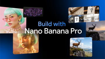 "Promotional banner showcasing Google’s Nano Banana Pro AI image generation tool, featuring multiple example images including a woman with mint-green hair and heart-shaped accessories, product mock-ups, and wildlife photography. The text ‘Build with Nano Banana Pro’ appears in the center on a dark blue gradient background."