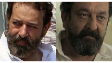 Side-by-side close-up images of two bearded men wearing white shirts, showing serious facial expressions.