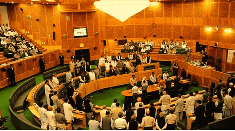 A view of the Azad Jammu and Kashmir Legislative Assembly during a session, with members standing and engaging in discussion inside the large wooden-paneled hall.