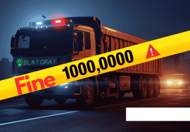 Heavy dumper truck on a highway at night with a bold “Fine 1,000,000” warning banner across the image.