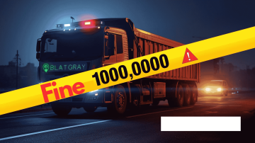 Heavy dumper truck on a highway at night with a bold “Fine 1,000,000” warning banner across the image.