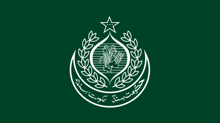 The official emblem of the Government of Sindh displayed on a dark green background. The white emblem features a star at the top, wheat and agricultural elements inside a circular shield, surrounded by laurel branches with Urdu text at the bottom.