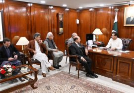 A formal meeting inside a wood-paneled government office where five men are seated. One man sits behind a large wooden desk, appearing to lead the discussion. The others sit on chairs and a sofa in front of him. A Pakistani flag and a portrait of a national leader hang on the wall. Lamps, files, and office decor are visible around the room.