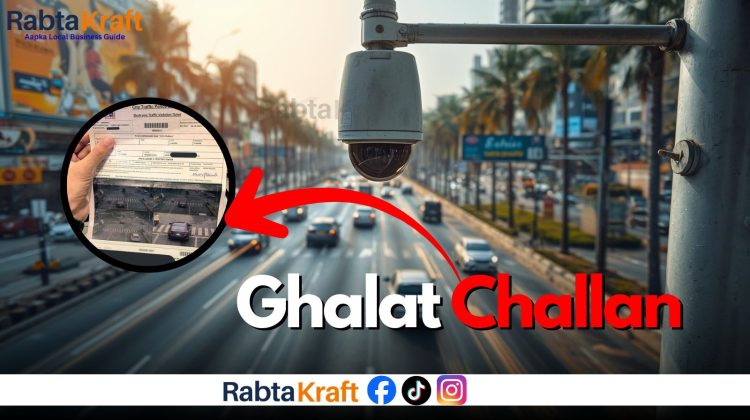 “Traffic surveillance camera capturing cars with an arrow pointing to a wrong e-challan slip — awareness post by RabtaKraft.”