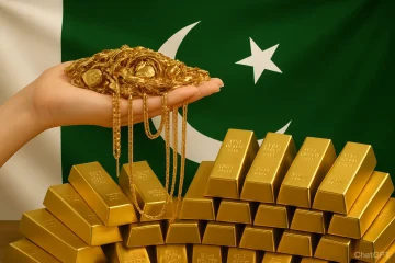 A hand holds a pile of gold jewelry above stacked gold bars, with the flag of Pakistan visible in the background.