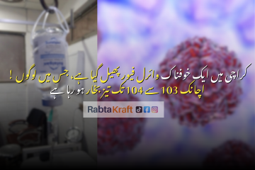 A health-related graphic showing an IV drip in a hospital room on the left and a magnified virus illustration on the right. The Urdu headline reads: “A dangerous viral fever has spread in Karachi, causing sudden high fever between 103 and 104.” The RabtaKraft watermark appears at the bottom.