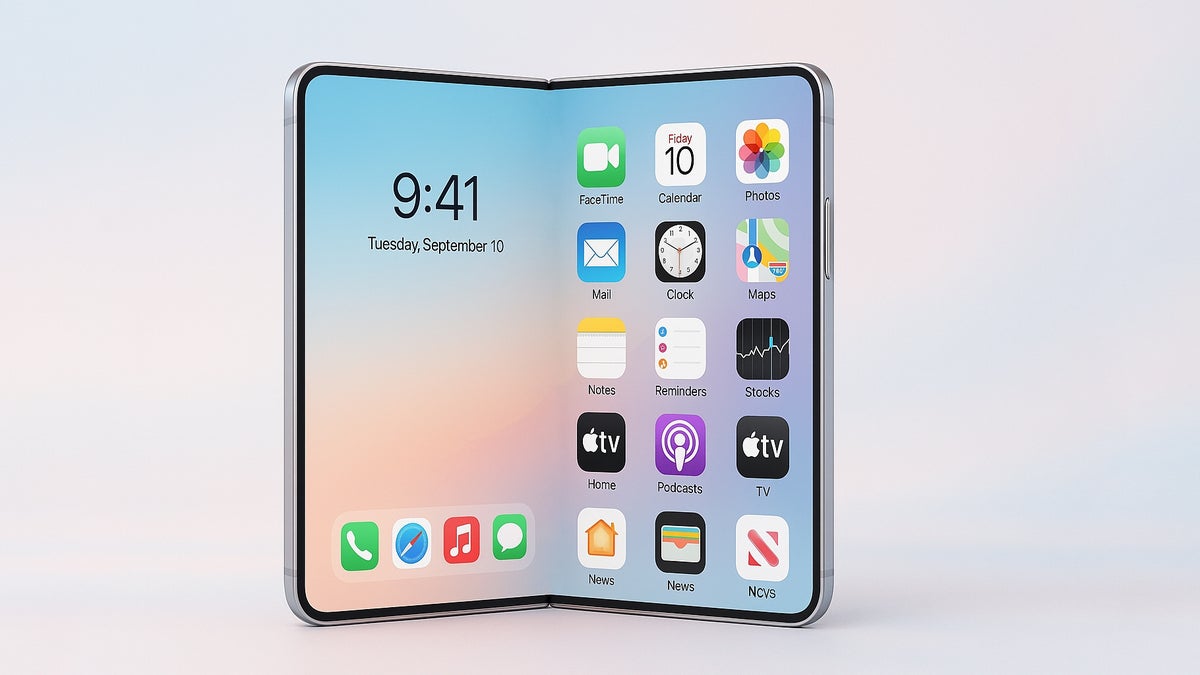 “A foldable smartphone resembling an iPhone, opened like a book with a large dual-screen display showing app icons and the time 9:41.”