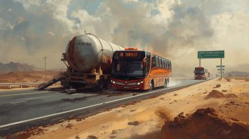 Oil tanker collided with an orange passenger bus on a desert highway near Madinah Saudi Arabia, smoke and road debris visible after the crash.
