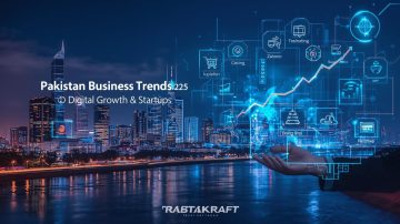 A futuristic city skyline with digital business icons and a rising graph, representing Pakistan’s business trends, digital growth, and startup ecosystem. The image includes holographic technology elements and the RabtaKraft branding.
