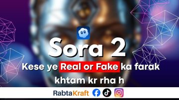 Sora 2 AI video trend showing how real and fake visuals are blending together in 2025 – RabtaKraft banner.
