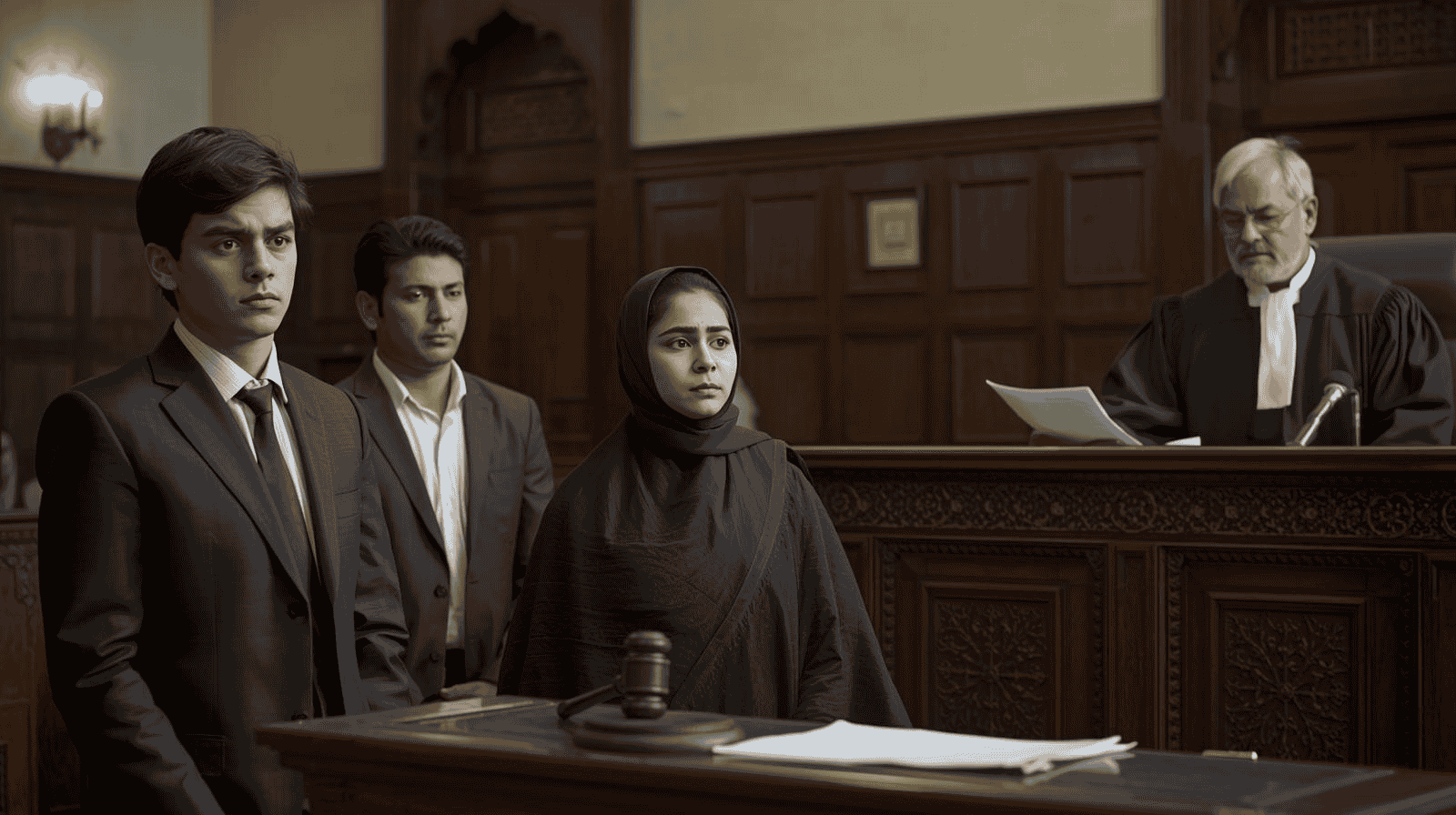 “A woman in a black abaya standing in a courtroom beside two men in suits, while a judge reads documents from the bench.”