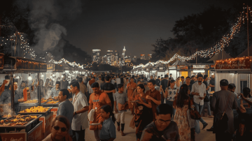 "A bustling nighttime food festival with large crowds walking between brightly lit street-food stalls, sizzling grills releasing smoke, and decorative lights hanging above the lively outdoor market."