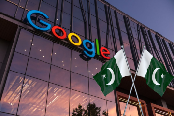 A photo of the Google corporate building with large colorful Google logo on glass windows during sunset. In front, two crossed Pakistani flags are placed, symbolizing Google’s official entry and upcoming office launch in Pakistan.