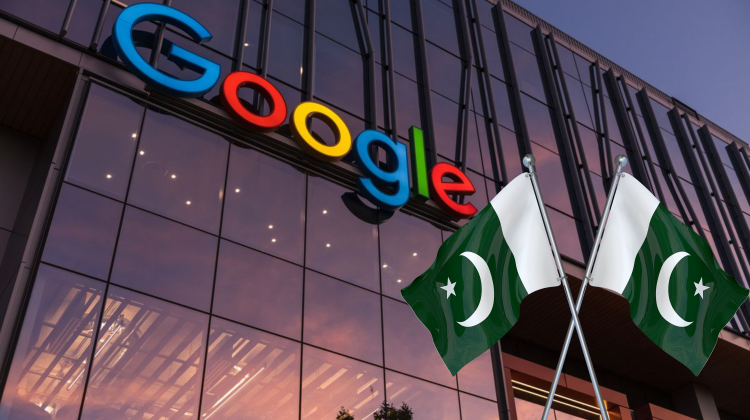 A photo of the Google corporate building with large colorful Google logo on glass windows during sunset. In front, two crossed Pakistani flags are placed, symbolizing Google’s official entry and upcoming office launch in Pakistan.