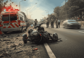 A damaged motorcycle lies on a highway after a serious accident, with an ambulance and emergency lights on the left, police officers inspecting the scene, and a large crowd gathered behind barriers while a speeding car passes in the background.
