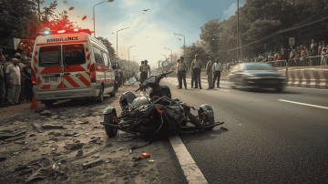 A damaged motorcycle lies on a highway after a serious accident, with an ambulance and emergency lights on the left, police officers inspecting the scene, and a large crowd gathered behind barriers while a speeding car passes in the background.