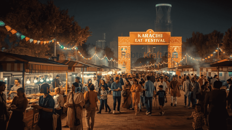 Crowded Karachi Eat Festival at night with food stalls, bright lights, and families enjoying the lively outdoor food event.