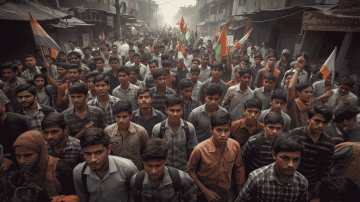 "A large crowd of young protesters in Assam marching through a narrow street holding flags and protest placards."