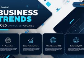 “Modern blue futuristic business infographic showing ‘Business Trends 2025 – Aaj Ki Latest Updates’ with icons for AI & Automation, Digital Marketing Boom, Global Economy 2025, and Sustainability Shift, branded with RabtaKraft.”
