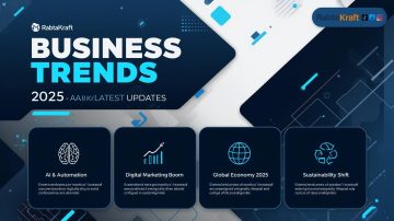 “Modern blue futuristic business infographic showing ‘Business Trends 2025 – Aaj Ki Latest Updates’ with icons for AI & Automation, Digital Marketing Boom, Global Economy 2025, and Sustainability Shift, branded with RabtaKraft.”