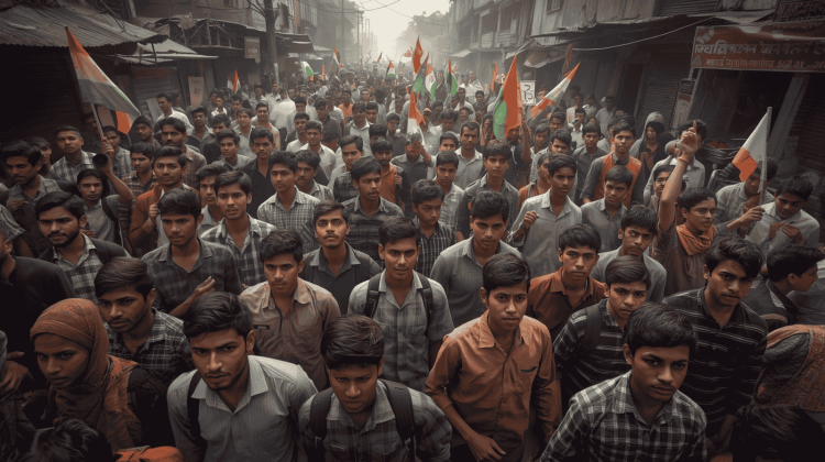 "A large crowd of young protesters in Assam marching through a narrow street holding flags and protest placards."