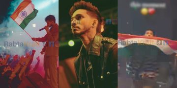 A collage showing Pakistani rapper Talha Anjum performing on stage; in the first frame he is holding the Indian flag during a concert, the second frame shows a close-up portrait of him under stage lights, and the third frame shows a blurred moment of him holding a large flag above his head.