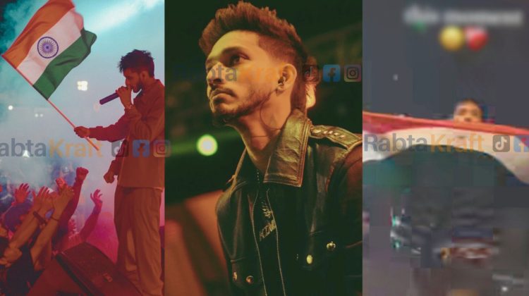 A collage showing Pakistani rapper Talha Anjum performing on stage; in the first frame he is holding the Indian flag during a concert, the second frame shows a close-up portrait of him under stage lights, and the third frame shows a blurred moment of him holding a large flag above his head.