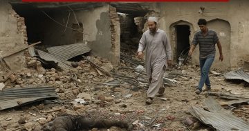 Two men walking through the debris of a destroyed building after an explosion in Pakistan.