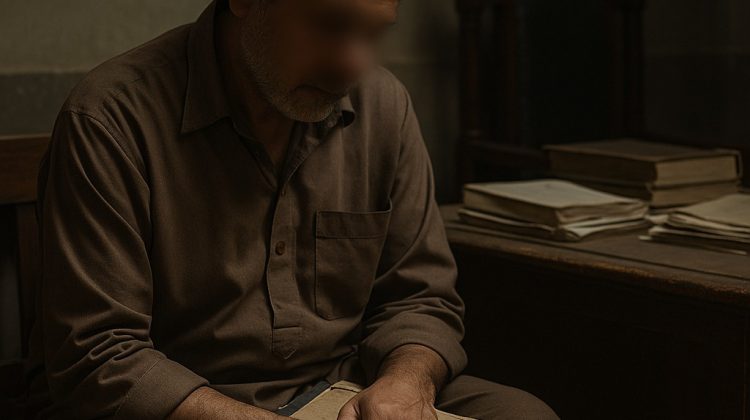 A tired middle-aged man sitting alone with old case files, symbolizing a long legal struggle and emotional exhaustion.