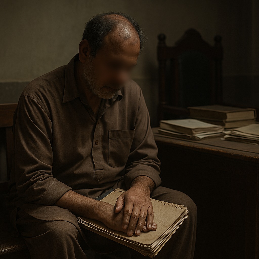A tired middle-aged man sitting alone with old case files, symbolizing a long legal struggle and emotional exhaustion.