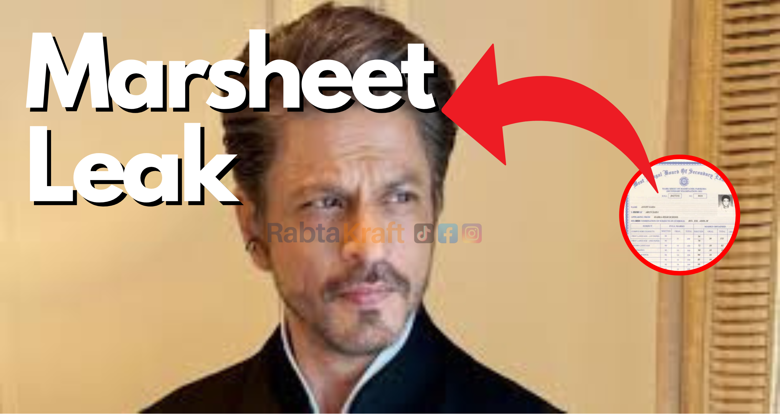 A graphic featuring a well-dressed male public figure looking to the side, with a large arrow pointing toward a small circular image of a marksheet. The bold text “Marksheet Leak” appears on the left side, and a RabtaKraft watermark is visible.