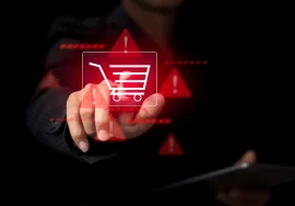 A person touching a glowing red shopping cart icon with warning symbols, representing online shopping scams and cybersecurity risks.