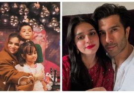 A split image showing two contrasting moments: on the left, Feroze Khan’s ex-wife Aliza Sultan smiling and posing with their two children; on the right, Feroze Khan taking a close-up selfie with his current wife Dr. Zainab.