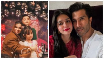 A split image showing two contrasting moments: on the left, Feroze Khan’s ex-wife Aliza Sultan smiling and posing with their two children; on the right, Feroze Khan taking a close-up selfie with his current wife Dr. Zainab.