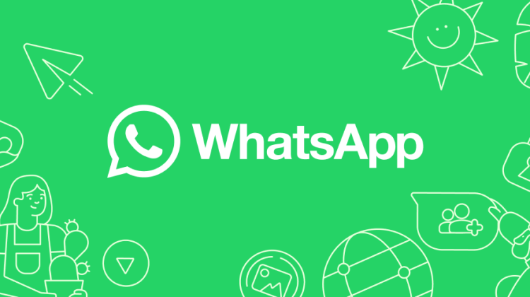 A bright green WhatsApp-themed banner featuring the white WhatsApp logo in the center. Surrounding the logo are playful outline-style icons, including a sun, a lock, a globe, a heart, a paper airplane, and cartoon characters. The design is minimalistic and modern.