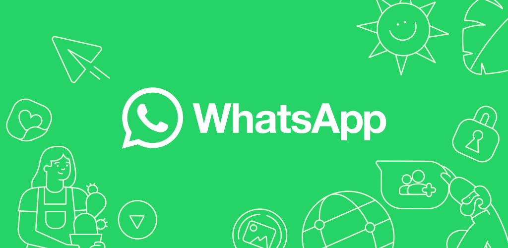 A bright green WhatsApp-themed banner featuring the white WhatsApp logo in the center. Surrounding the logo are playful outline-style icons, including a sun, a lock, a globe, a heart, a paper airplane, and cartoon characters. The design is minimalistic and modern.