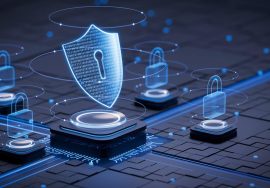 A digital 3D illustration showing a glowing shield icon with a keyhole surrounded by futuristic security locks, representing cyber security and data protection.