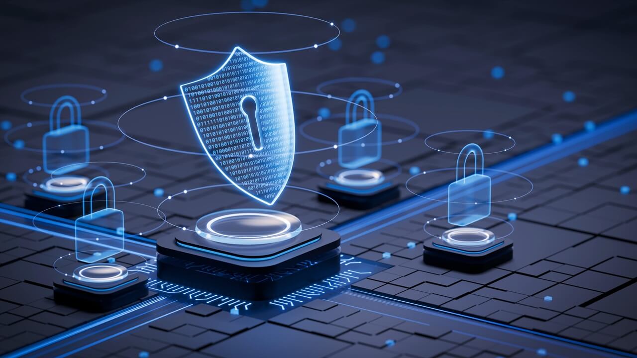 A digital 3D illustration showing a glowing shield icon with a keyhole surrounded by futuristic security locks, representing cyber security and data protection.