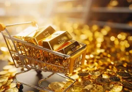 A miniature shopping cart filled with gold bars surrounded by scattered gold coins, symbolizing rising and falling gold market prices.